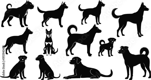 Dog silhouettes in various poses and breeds, pet illustration vector design, animal posture artwork, domestic canine lifestyle concept