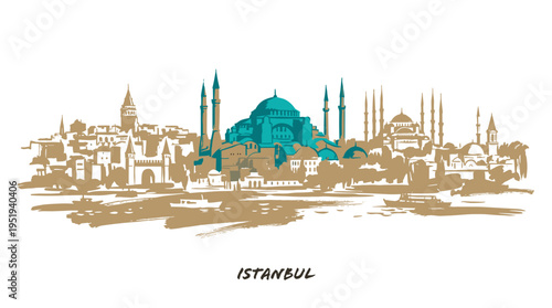 A stylized illustration of the Istanbul skyline featuring iconic landmarks like Hagia Sophia and the Galata Tower, with boats on the water.