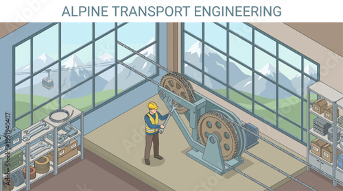 Isometric Cable Car Technician Engineer Maintaining Mountain Transport Machinery in Alpine Workshop with Snowy Peak View