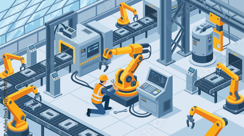 Isometric Factory Worker Repairing Industrial Robot Arm in Modern Smart Manufacturing Plant with Automated Assembly Line