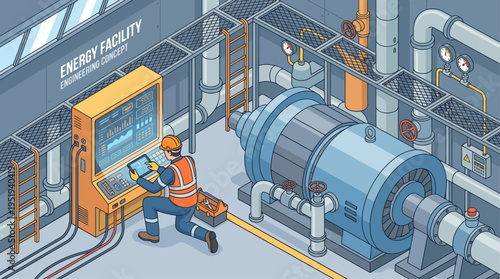 Isometric Industrial Engineer Technician Monitoring Energy Facility Control Panel, Power Plant Maintenance, Engineering Technology, Safety Worker, Vector Illustration