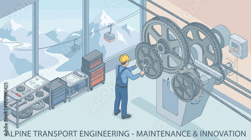 Isometric Cable Car Technician Maintaining Mountain Lift System, Alpine Engineering Workshop with Snowy Peak View, Industrial Maintenance Professional