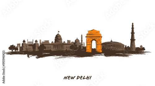 Stylized silhouette skyline of New Delhi featuring iconic landmarks like India Gate and Qutub Minar against a white background.