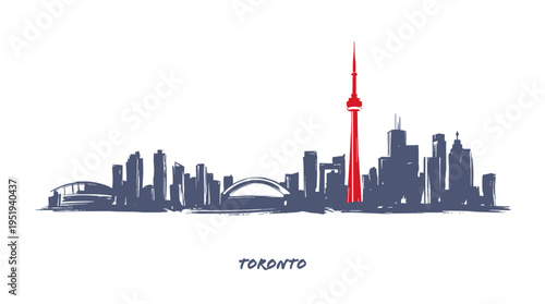 A stylized silhouette of the Toronto skyline, featuring the iconic CN Tower prominently in red against a backdrop of blue skyscrapers.