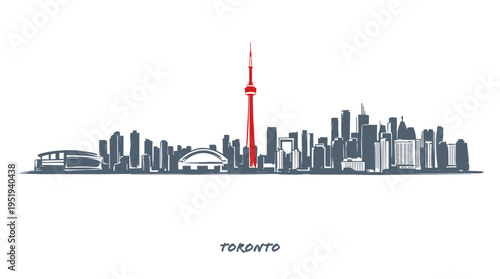 A minimalist illustration of the Toronto skyline with the iconic CN Tower highlighted in red, set against a white background, showcasing the city's architectural landmarks.
