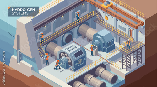 Isometric Hydroelectric Power Plant with Technicians Maintaining Industrial Turbine Generators, Clean Renewable Energy Infrastructure Illustration