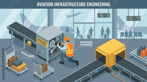 Isometric Airport Technician Repairing Baggage Conveyor System, Aviation Maintenance Engineering, Industrial Safety Worker in Terminal Infrastructure