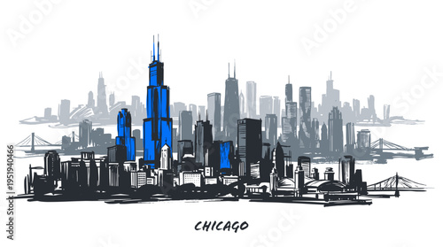 Striking illustration of the Chicago skyline featuring iconic skyscrapers rendered in a dynamic sketch style with a vibrant blue accent on the Willis Tower.