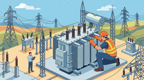 Isometric Electrician Technician Repairing High Voltage Power Transformer at Electrical Substation, Utility Worker in Safety Gear Maintaining Energy Infrastructure