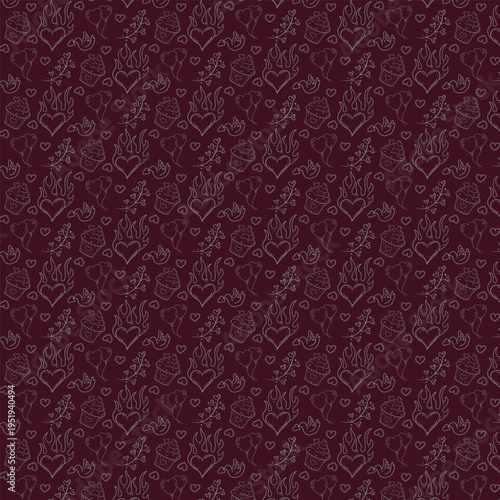 Seamless pattern of flowers in pots and wings on pastel background