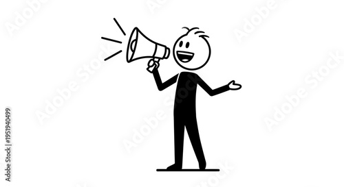 Stick figure with megaphone announcing news to a crowd