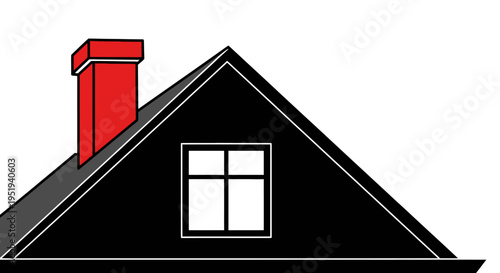 Black house roof with red chimney and window illustration