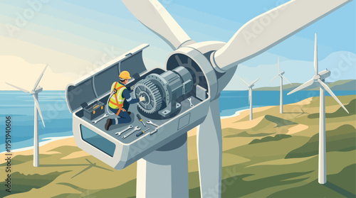 Isometric Wind Turbine Technician Repairing Renewable Energy Generator at Coastal Wind Farm