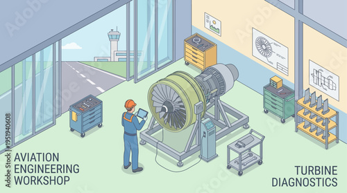 Isometric Aviation Engineer Inspecting Jet Turbine Engine in Modern Aircraft Maintenance Workshop with Airport Runway View