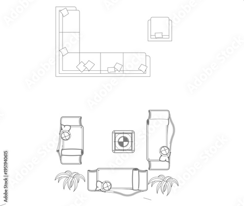 Technical interior design plan view showing furniture layouts with L-shaped sectional sofa, armchairs, coffee table and plants in 2D line art