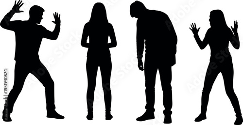 Human silhouette vector illustration with diverse postures, expressive body language, creative design elements, artistic shadow figures, decorative composition, psychological artwork