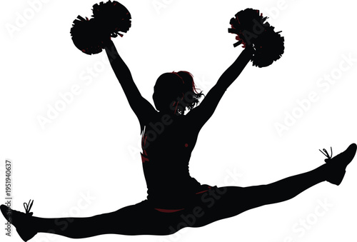 Silhouette of cheerleader performing high jump split with pom-poms raised, energetic athletic pose, sports spirit and performance illustration design