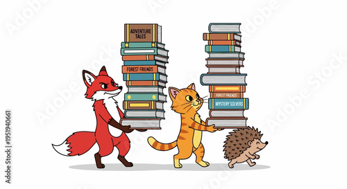 Delightful cartoon animals cooperatively carrying large stacks of fascinating books