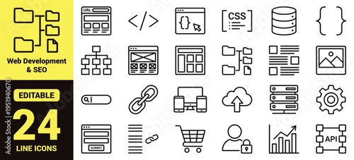 Web Development and SEO Line Icons Set with UI Elements, CSS Code, Database, Cloud Upload, API Integration, Analytics, Security, E-commerce, and Network Technology Vector Illustration