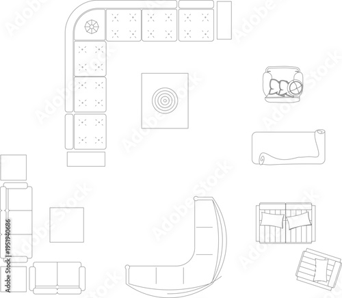 Technical architectural plan view of interior furniture layouts including sectional sofas, rugs, armchairs and beds in 2D line art.