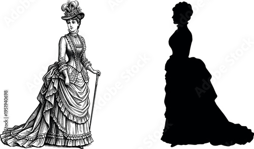  Victorian woman illustration comparison with detailed design and silhouette, vintage fashion vector artwork, historical costume graphics for creative background