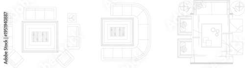 Technical architectural plan view drawing showing interior furniture layouts with seating arrangements, tables and spatial configurations in different room designs