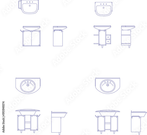 Technical architectural drawing showing various bathroom sink and vanity designs in plan and elevation views including wall-mounted, pedestal, and cabinet units.
