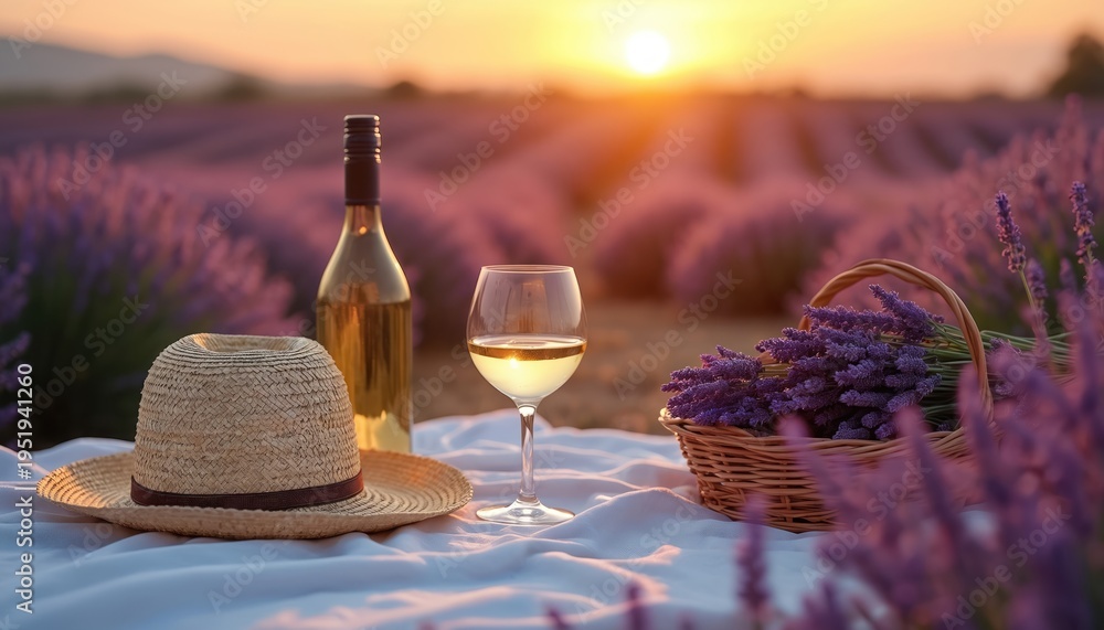 Fototapeta premium Picnic setup in lavender field at sunset. Bottle of white wine, glass of wine, straw hat, and basket with lavender bouquet on white cloth. Golden hour light bathes scene.