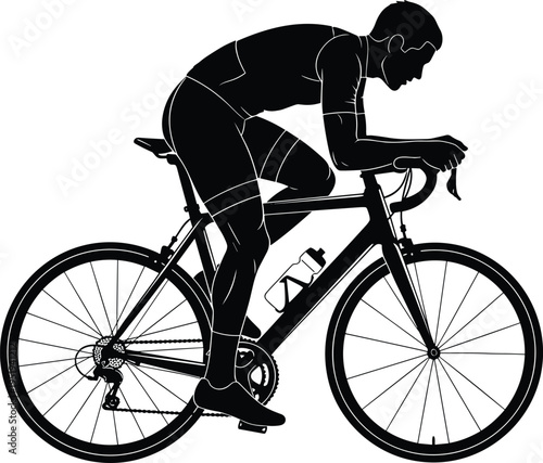 Silhouette of cyclist riding road bicycle, racing posture, sports fitness, speed and aerodynamics vector illustration artwork