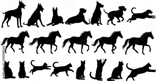 Dog, cat, and horse silhouettes vector illustration, animal poses collection, domestic pets and equine figures, creative design artwork, decorative animal patterns