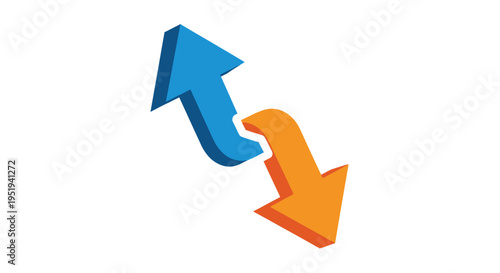 Two brightly colored arrows one blue and one orange pointing in opposite directions creating a dynamic visual silhouette high quality professional
