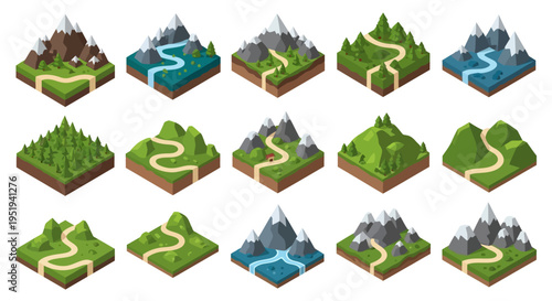 Isometric landscape tile set featuring mountains rivers and paths in a geometric design silhouette high quality professional detailed modern elegant stylish