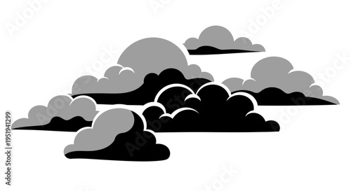 A collection of stylized overlapping cloud shapes in shades of gray creates a dramatic landscape silhouette high quality professional detailed modern