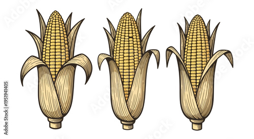 An artistic rendering displays three ears of corn with detailed kernels and husks presented as a silhouette high quality professional modern