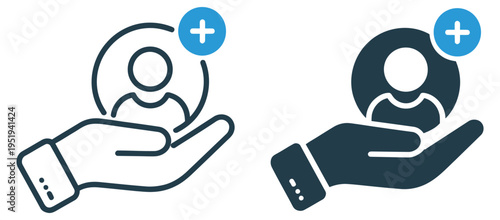 User add icon with hand holding person symbol, representing new account registration, team growth, membership support, and human resource management vector