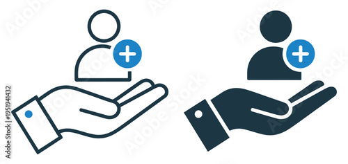 Hand holding person with plus icon, symbolizing user support, account creation, new member addition, team management, and user onboarding concept vector