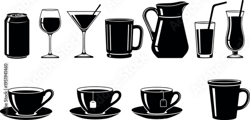 Silhouettes of beverage icons including soda can, wine glass, coffee mug, teacup, cocktail, pitcher, drinkware vector illustration design
