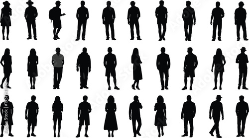 Human silhouettes grid, diverse postures, clothing styles, accessories, identity differentiation, visual selection, pattern recognition, vector illustration resource
