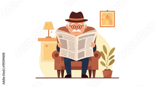 An elderly man in a hat reads a newspaper while sitting in a chair.