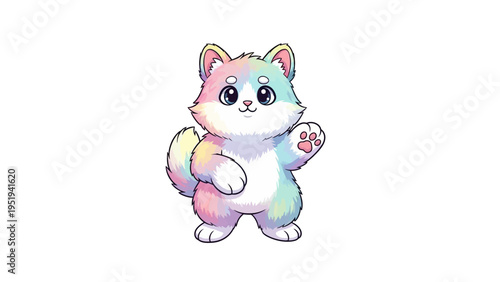 Cute rainbow puppy waving hello, an adorable pastel animal character.
