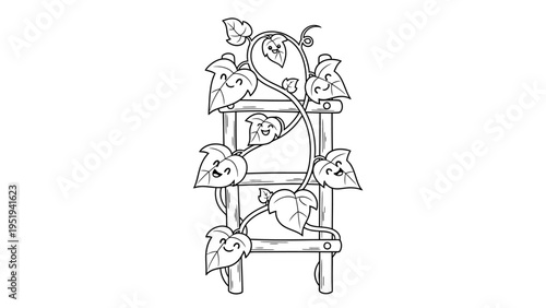 Cute climbing plant with face on garden trellis