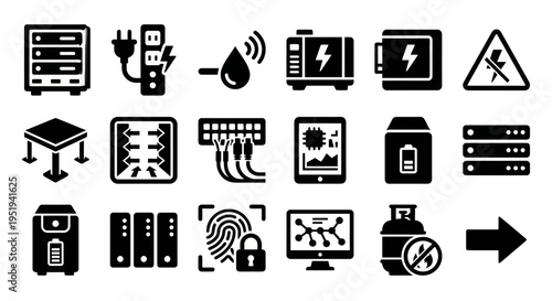 Solid black icons for data center management and IT infrastructure. Server racks, UPS units, and leak sensors collection. Vector illustration for network management apps, IT blogs, and technical infra
