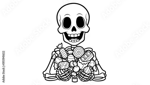 Skeleton holding a pile of candies and sweets.