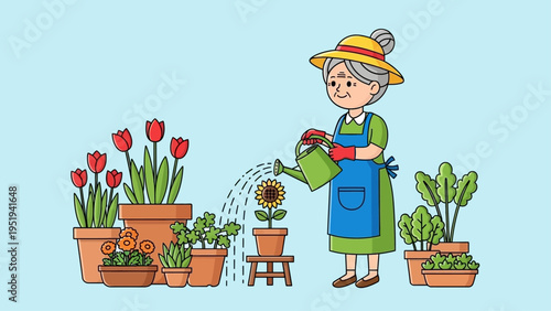 Elderly woman happily watering potted flowers in her garden.