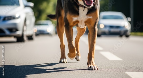 Dog crossing traffic on busy street with vehicles in motion. Dog moves confidently between cars, showcasing urban environment with roads and city life.