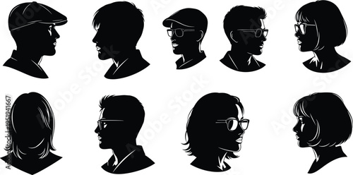 Silhouette profile vector illustration featuring diverse individuals with unique hairstyles, glasses, hats, artistic human identity, psychology, perception, recognition
