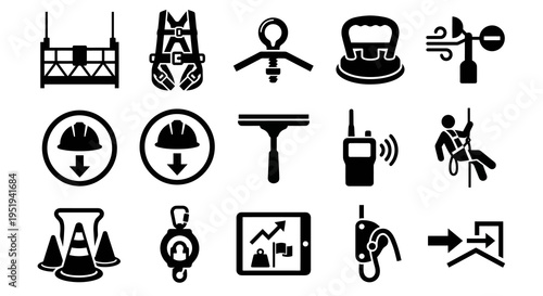 Solid black icons for high-rise window cleaning and professional height safety. Suspended platforms, safety harnesses, and wind sensors collection. Vector illustration for facility management apps, sa