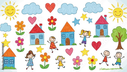 Colorful childlike doodles with happy kids, houses, sun, flowers, and stars.