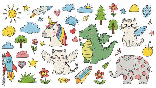 Cute Hand-Drawn Fantasy Creatures and Nature Elements for Kids Design