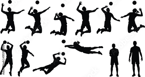 Volleyball silhouette illustration showing players spiking, serving, diving, hitting ball, teamwork, athletic movement, dynamic action, sports training, competition, fitness